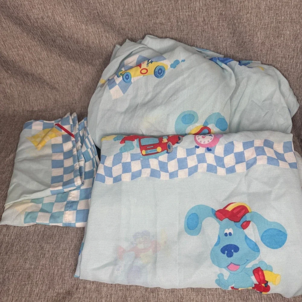 Vintage Blues Clues Twin Sheet Set 2000 Blue Checkered Racing READ